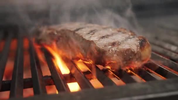 Pieczenie soczystego steku mięsnego z przyprawami i ziołami w spalaniu węglanów na ruszcie grilla, płomienie i dym. Grill grillowy — Wideo stockowe