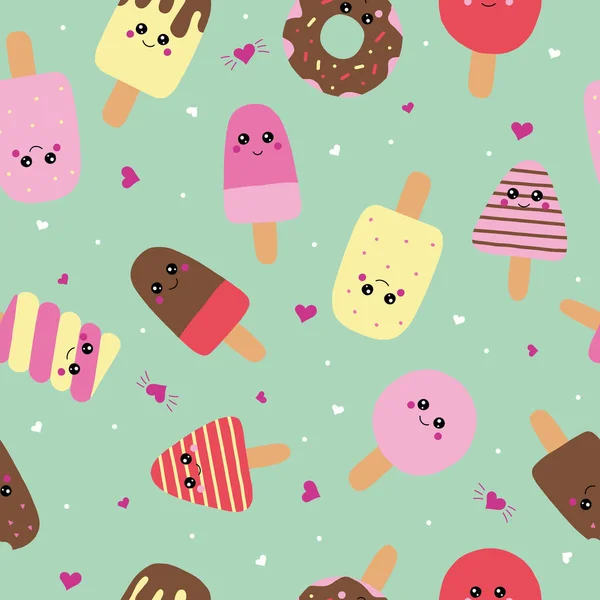 Шоколад, морозиво, кекс з очима та цукерками в стилі каваї на білому фоні безшовний векторний візерунок — стоковий вектор