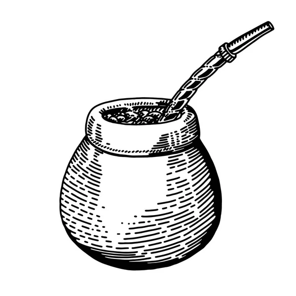 Illustration mit Mate-Tee in Kalebasse und Bombilla und Yerba Mate Pflanze, Vektorillustration, isoliert — Stockvektor