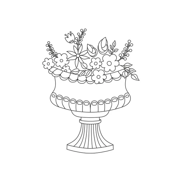 Desenho de doodle vetorial de um vaso de mármore antigo com flores, desenho de contorno isolado —  Vetores de Stock