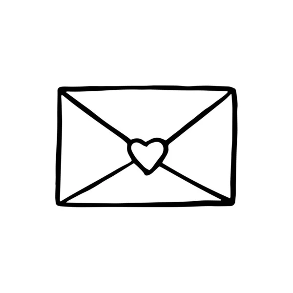 Obrys koperty z kształtem serca jako znaczka samoprzylepnego. Cute doodle ręcznie rysowane wektor — Wektor stockowy