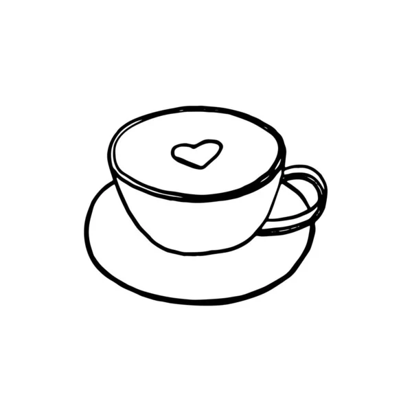 Desenho vetorial de um copo de doodle com um pires, com um coração, isolado — Vetor de Stock