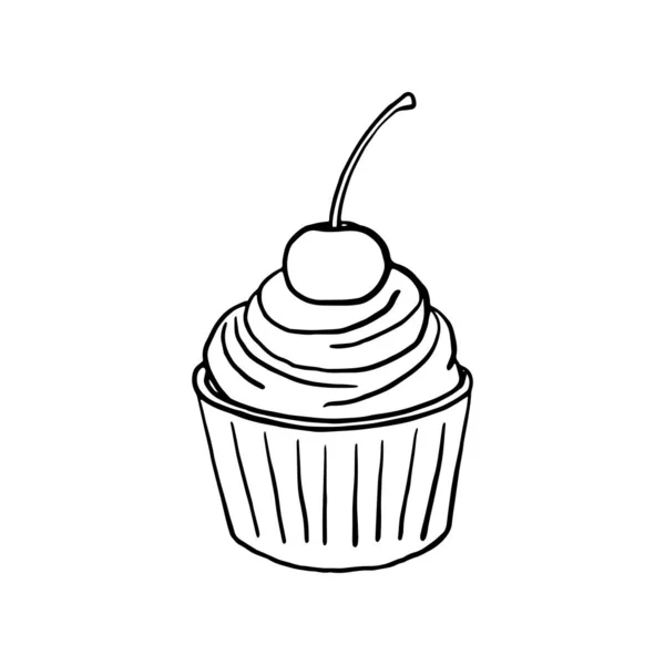 Vector doodle cupcake icono con cereza, dibujo de contorno aislado — Archivo Imágenes Vectoriales