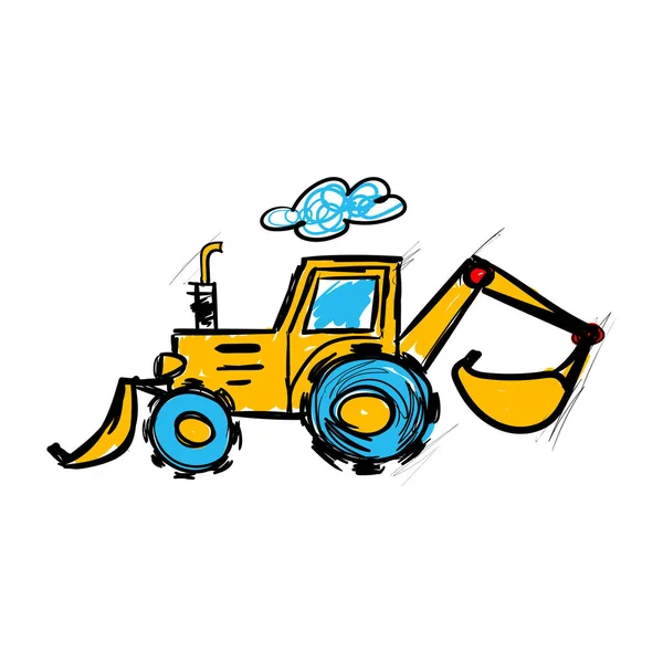 Vector Excavator Illustration Tractor Hand Drawn Doodle — Vetor de Stock