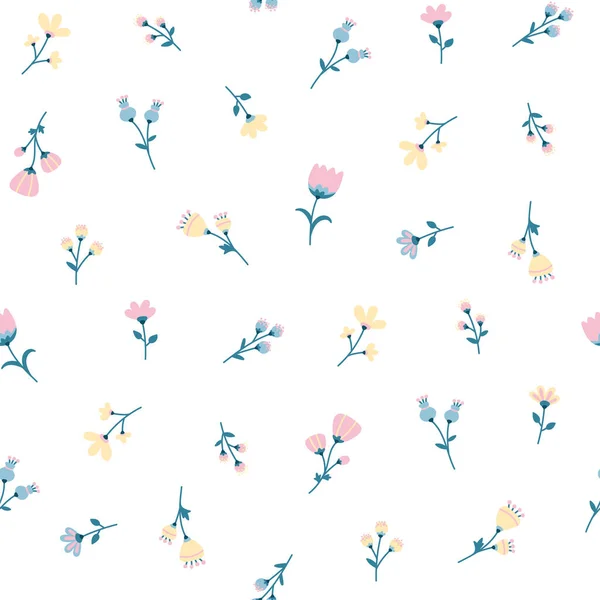 Διάνυσμα λουλούδι απρόσκοπτη μοτίβο σε λευκό φόντο. μικρά λεπτά λουλούδια σε παστέλ χρώματα — Διανυσματικό Αρχείο