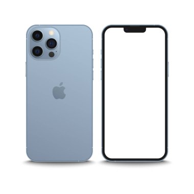 TASHKENT, UZBEKISTAN - 15 Eylül 2021 Sierra Blue iphone 13 profesyonel model, akıllı telefon beyaz ekran, iPhone, cihaz modeli. Yeni iPhone 13, Apple tarafından geliştirilen bir akıllı telefondur.
