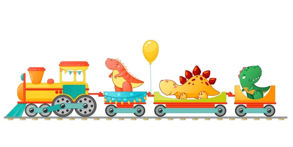 Treinar com dinossauro pequeno bonito em estilo cartoon —  Vetores de Stock