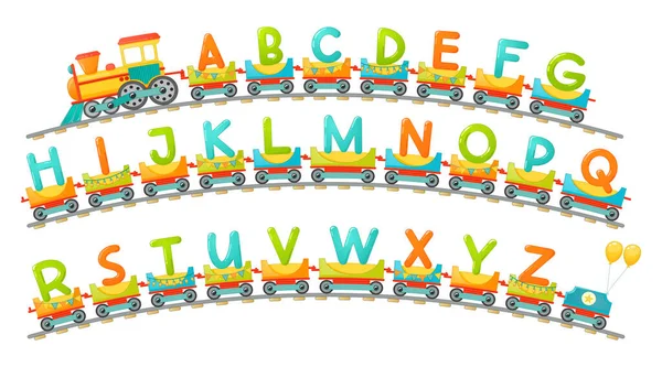 Alfabet pociągu dla dzieci w stylu kreskówki. — Wektor stockowy