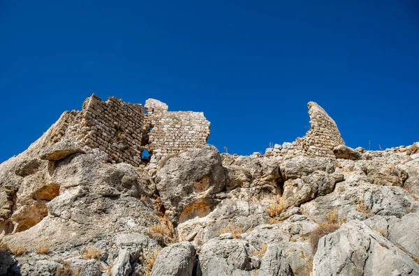 Ruiny Zamku Feraklos Widokiem Charaki Rodos Grecja — Zdjęcie stockowe