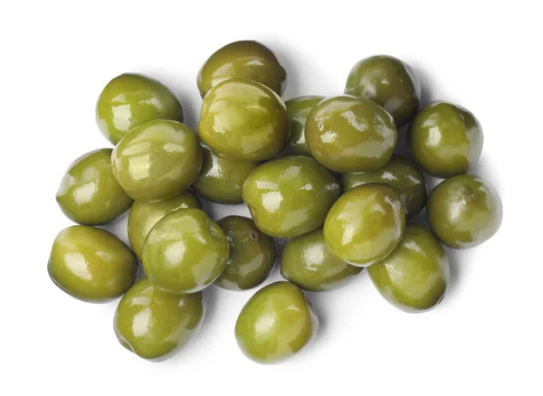 Many Fresh Green Olives White Background Top View — Stock Photo, Image