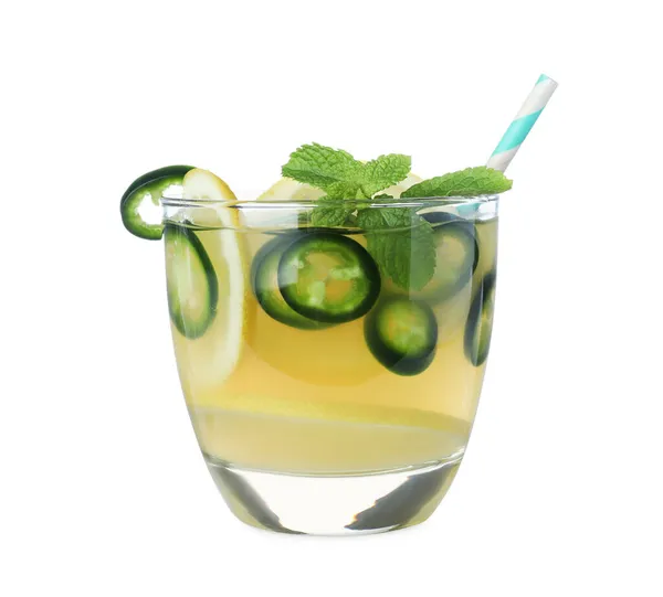 Spicy Cocktail Jalapeno Lemon Mint Isolated White — Stock Photo, Image
