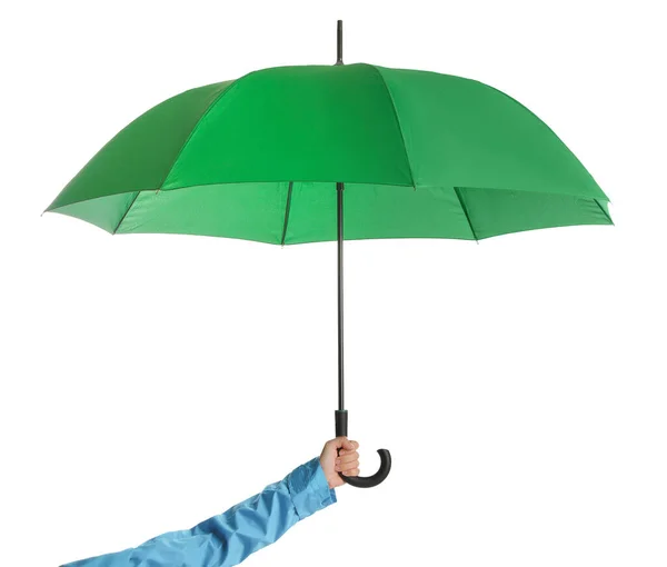Žena Otevřeným Zeleným Deštníkem Bílém Pozadí Detailní Záběr — Stock fotografie