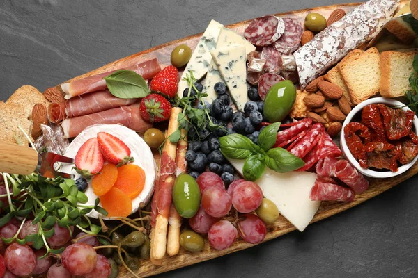 Set Different Delicious Appetizers Served Black Table Top View — Stock Photo, Image