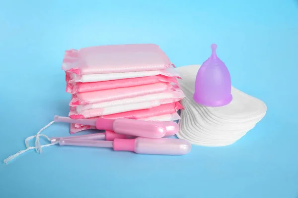 Menstrual Pads Other Hygiene Products Light Blue Background — Stock Photo, Image