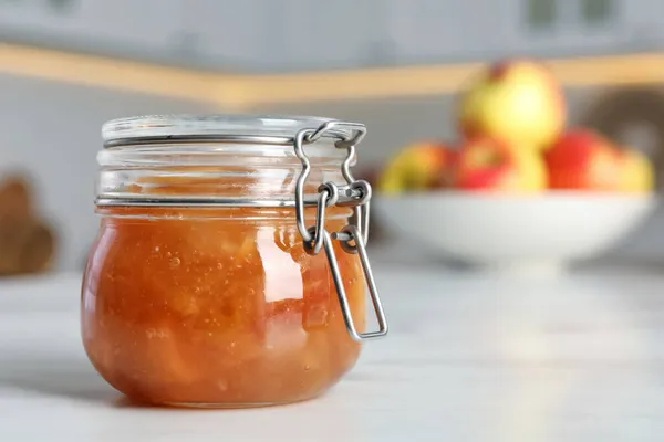 Delicious Apple Jam White Table Closeup Space Text — Stock Photo, Image