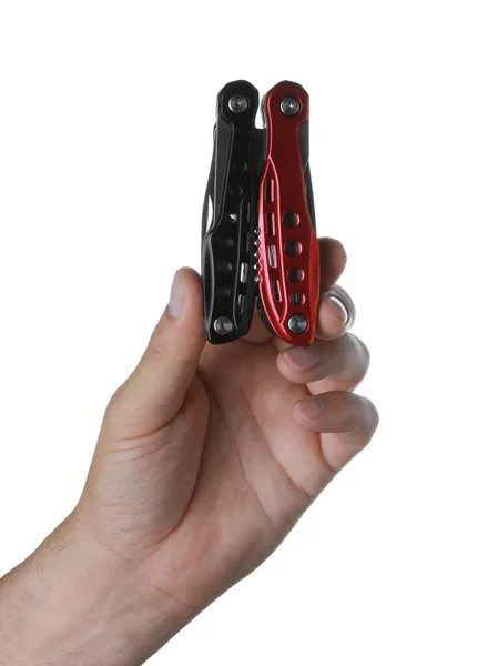 Man Holding Multitool White Background Closeup — Stock Photo, Image