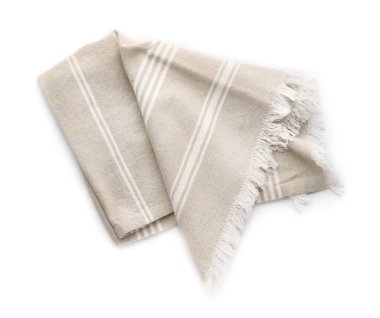 Çizgili mutfak havlusu beyaza izole edilmiş, üst manzara