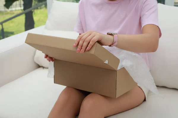 Young Woman Opening Parcel Home Closeup Internet Shopping — Stock Photo, Image