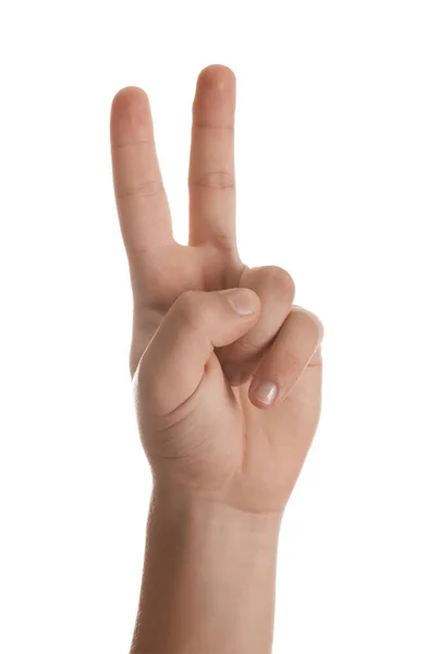 Teenage Boy Zeigt Zwei Finger Auf Weißem Hintergrund Nahaufnahme — Stockfoto