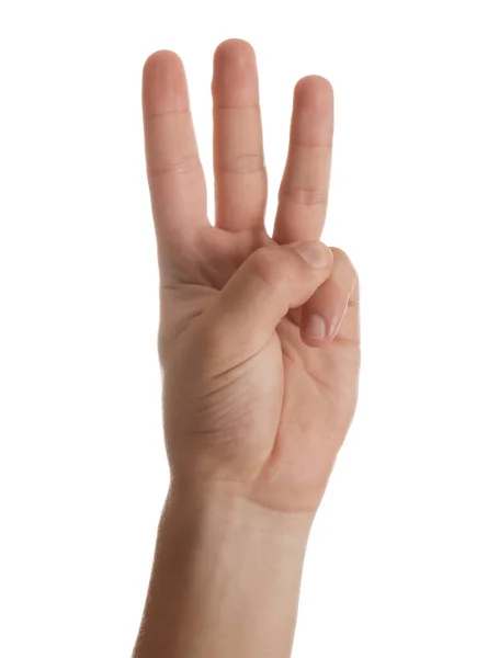 Teenage Boy Showing Three Fingers White Background Closeup — Stock Photo, Image