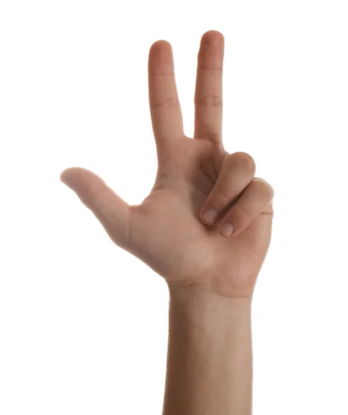 Teenage Boy Showing Three Fingers White Background Closeup — Stock Photo, Image