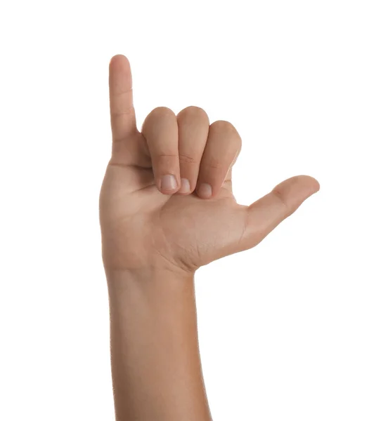 Teenage Boy Zeigt Rufen Sie Mich Geste Auf Weißem Hintergrund — Stockfoto