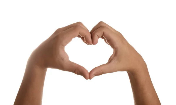 Adolescente Mostrando Coração Com Mãos Fundo Branco Close — Fotografia de Stock