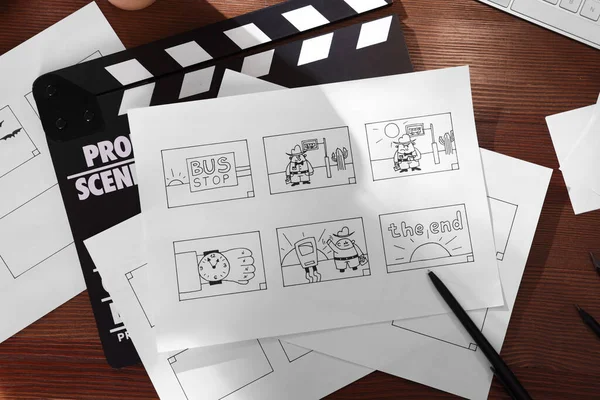 Storyboard Con Bocetos Dibujos Animados Lugar Trabajo Disposición Plana Proceso — Foto de Stock