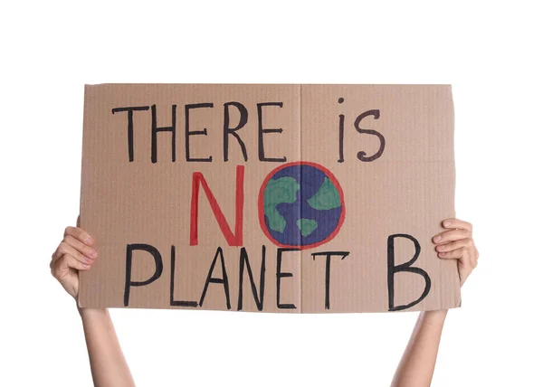 Διαδηλωτής Κρατώντας Πλακάτ Κείμενο Δεν Υπάρχει Πλανήτης Λευκό Φόντο Κοντινό — Φωτογραφία Αρχείου