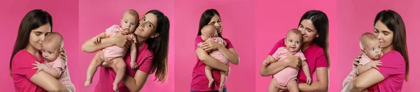 Colagem Com Fotos Mãe Bonita Seu Bebê Bonito Fundo Rosa — Fotografia de Stock