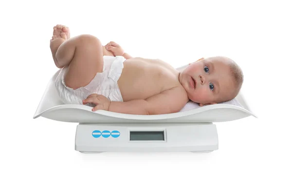 Cute Little Baby Lying Scales White Background — Stock Photo, Image
