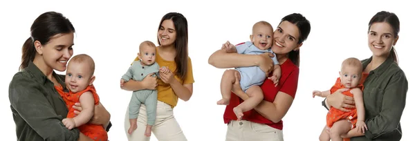 Colagem Com Fotos Mãe Bonita Seu Bebê Bonito Fundo Branco — Fotografia de Stock