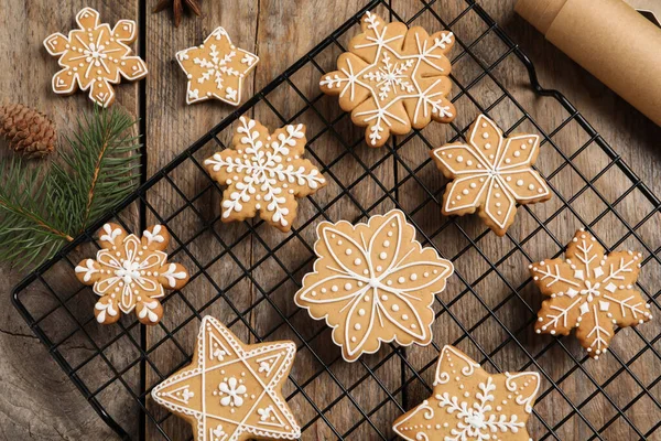 Tasty Christmas Cookies Fir Branches Cone Wooden Table Flat Lay — Stock Photo, Image