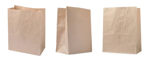 Set Con Bolsas Papel Sobre Fondo Blanco Diseño Banner — Foto de Stock
