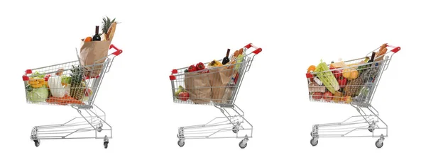 Állítsa Bevásárlókocsikat Tele Élelmiszerekkel Fehér Háttér Bannertervezés — Stock Fotó