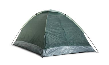 Beyaz arka planda konforlu koyu yeşil kamp çadırı