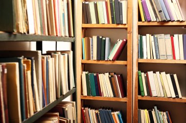 Kütüphanedeki raflarda farklı kitapların koleksiyonu