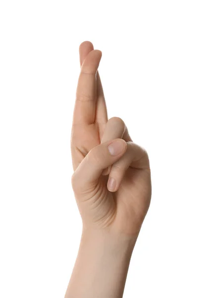 Mujer Mostrando Dedos Cruzados Aislados Blanco Primer Plano —  Fotos de Stock