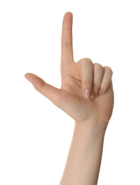 Mujer Mostrando Dedo Índice Aislado Blanco Primer Plano — Foto de Stock