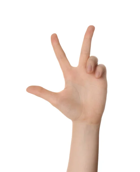 Mujer Mostrando Tres Dedos Aislados Blanco Primer Plano — Foto de Stock
