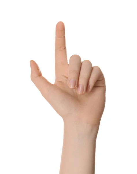 Şaret Parmağı Gösteren Kadın Beyaz Yakın Plan — Stok fotoğraf