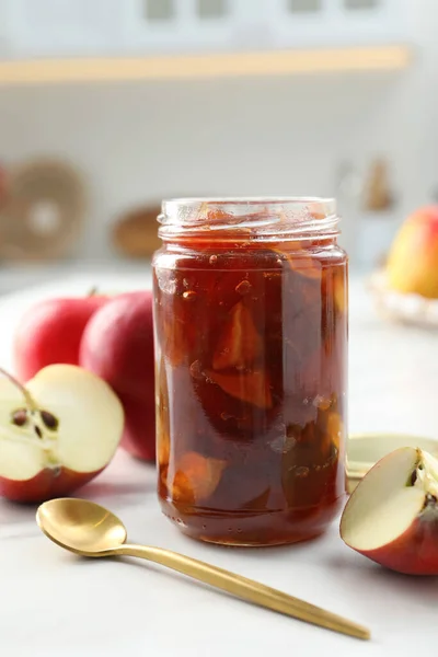 Delicious Apple Jam Jar Fresh Fruits White Table — Stock Photo, Image