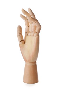 Beyaz arka planda ahşap el modeli. Manken bölümü