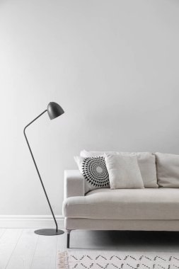 Rahat kanepe ve zemin lambası olan şık bir oturma odası.