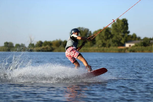 Teenage Boy Wakeboarding River Extreme Water Sport — Stock Photo, Image