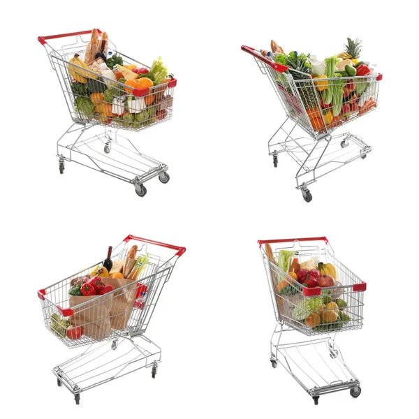 白い背景に食料品でいっぱいのショッピングカートとセット — ストック写真