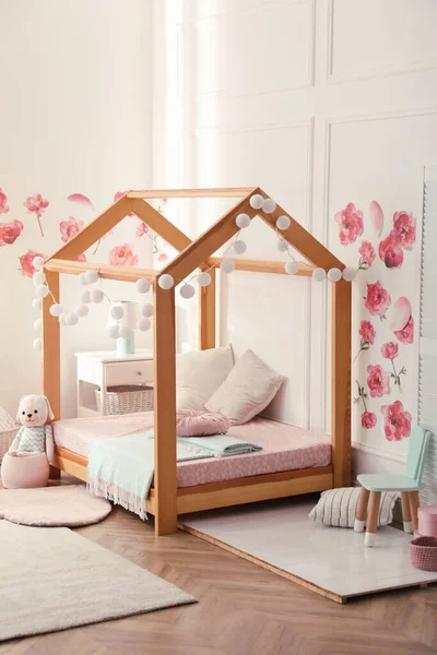 Stylish Child Room Interior Wooden House Bed — Stock Photo, Image