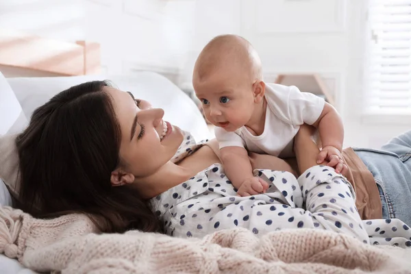 Mother Her Cute Baby Bed Home — Stock Photo, Image