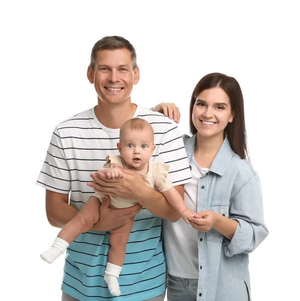Retrato Família Feliz Com Seu Bebê Bonito Fundo Branco — Fotografia de Stock