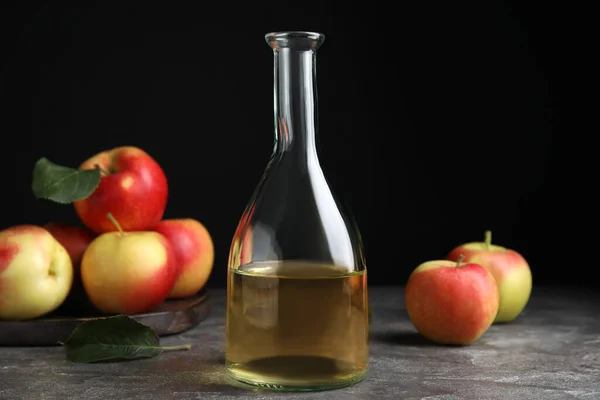 Natural Apple Vinegar Fresh Fruits Grey Table — Stock Photo, Image